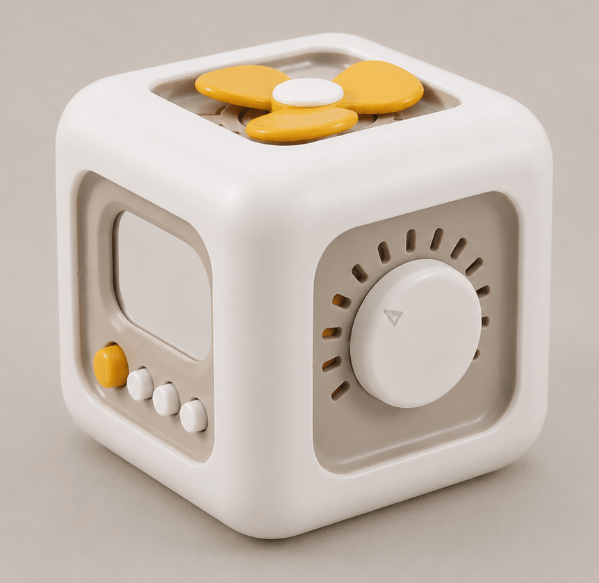 stress-relief cube-shaped device with buttons and display on a beige background, for self-enxiety regulation, big emotions, adhd